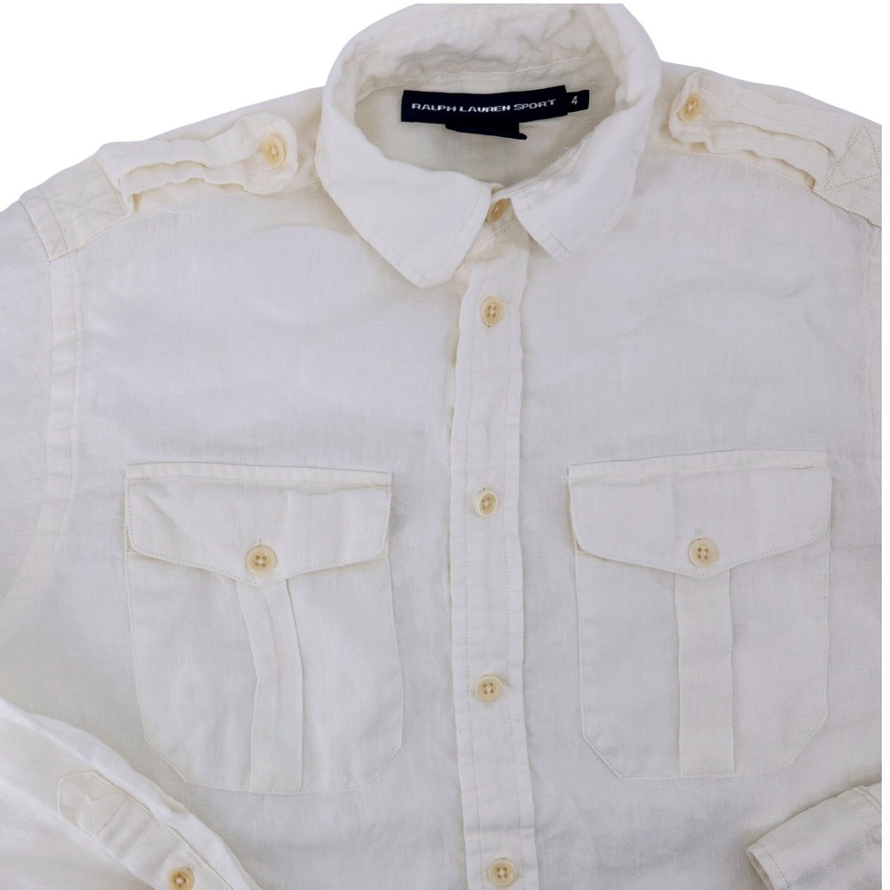 Ralph Lauren Sport Linen Shirt Womens 4 Safari Epaulets Cream Button Down